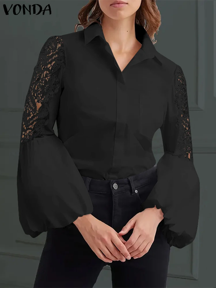 Plus Größe VONDA Frauen Spitze Patchwork Tops Shirts 2024 Casual Drehen Unten Kragen Langarm Aushöhlen Elegante Dame Büro bluse