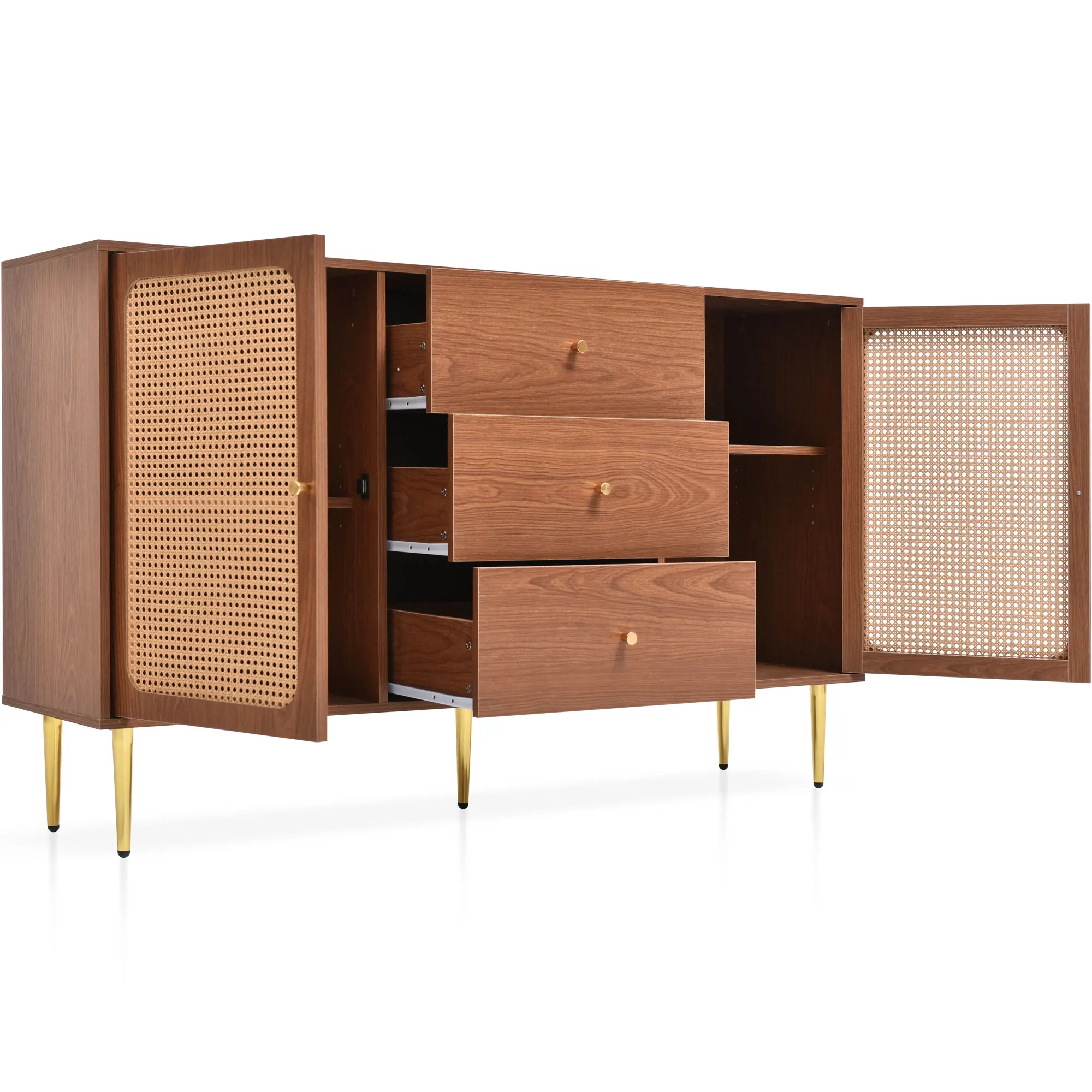 Kommode mit 2 Türen, 3 Schubladen, Rattanschränken, verstellbarem Regal, Walnuss-Finish – H90/B150/T40 cm. – Detail 6