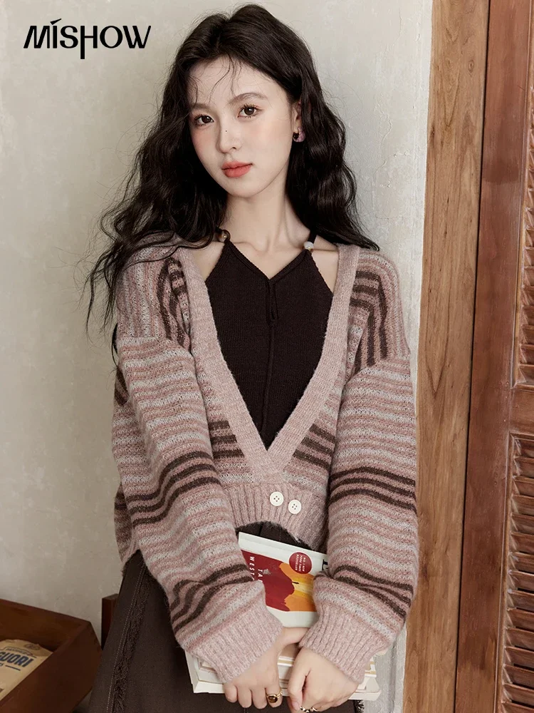 MISHOW Top Set Stripe Contrast Knitted Cardigan Strap Vest 2024 Autumn Casual Outerwear V-neck Strap Two Piece Set MXD45Z0769