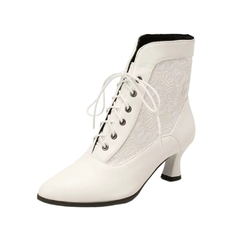 Women Ankle Boots Leather Lace Heel Shoes for Women Fashion Lace Up Spliced Ladies High Heels Woman Boots Ankle 46