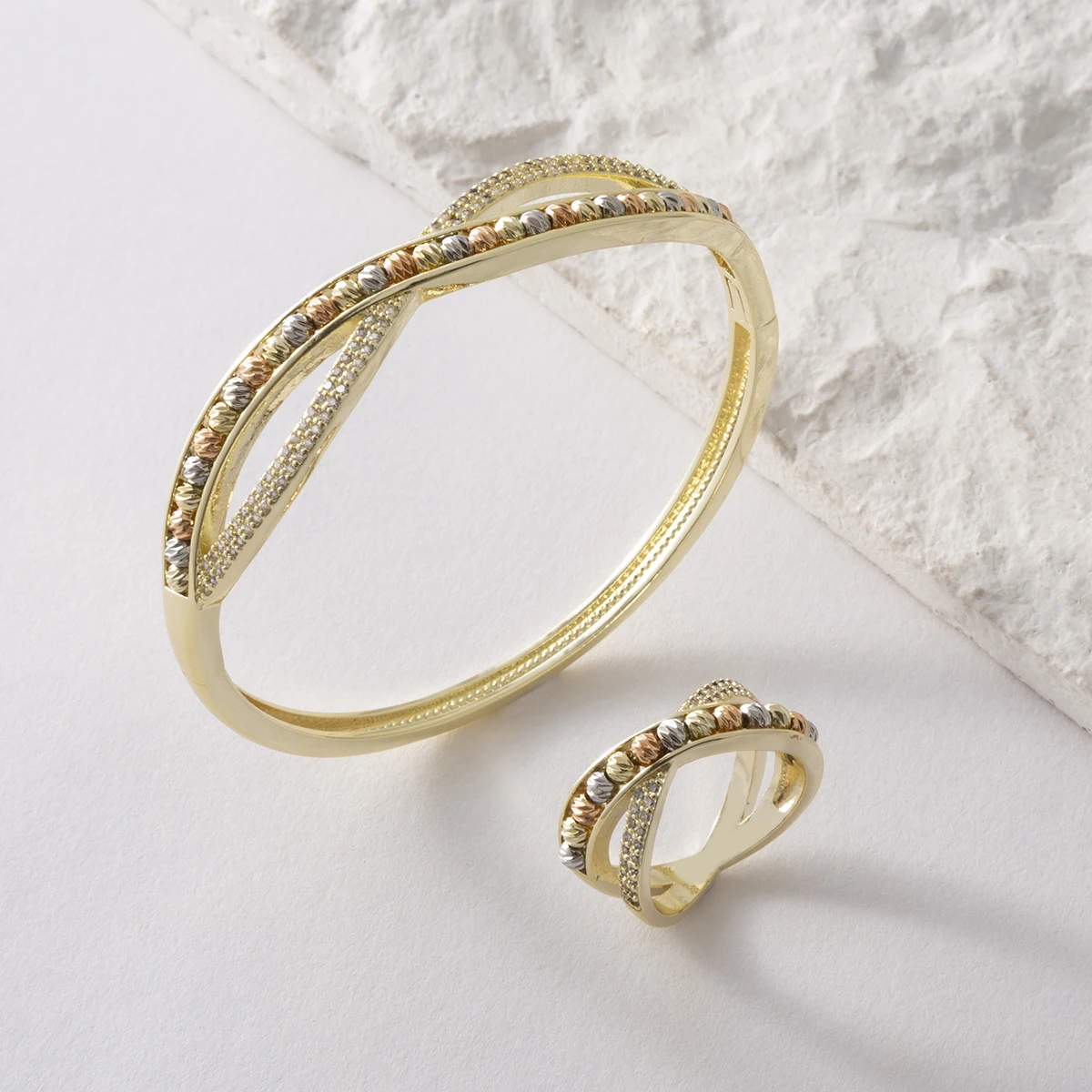 

New High Quality Women's Popular Temperament Copper Metal Bracelet Ring Wedding Jewelry Set Gift