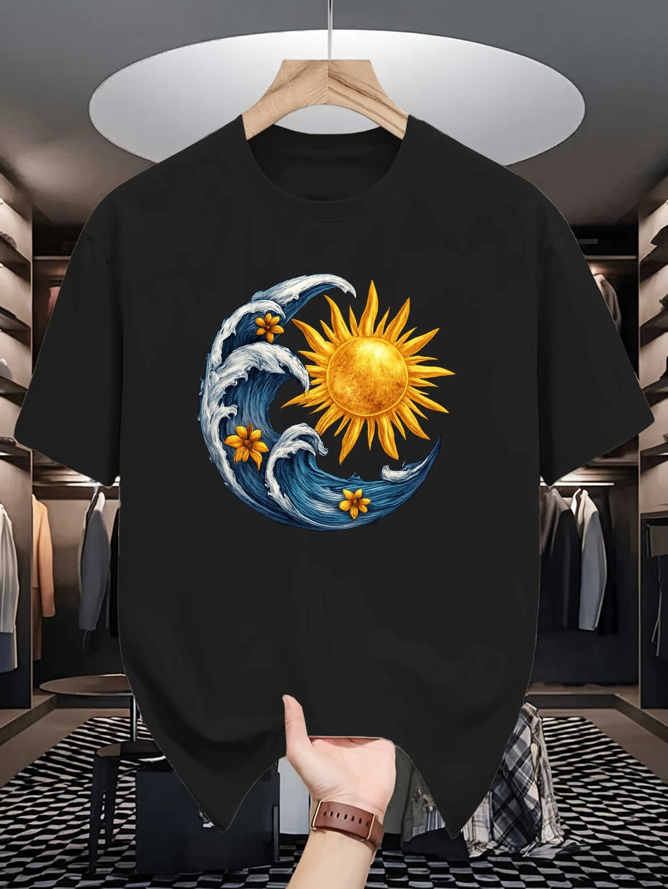 Men Crew Neck T Shirt Sun Moon Wave Floral Art Graphic Tees Short Sleeve Loose Fit Casual Mens Top For Outdoor Daily Street Wear
