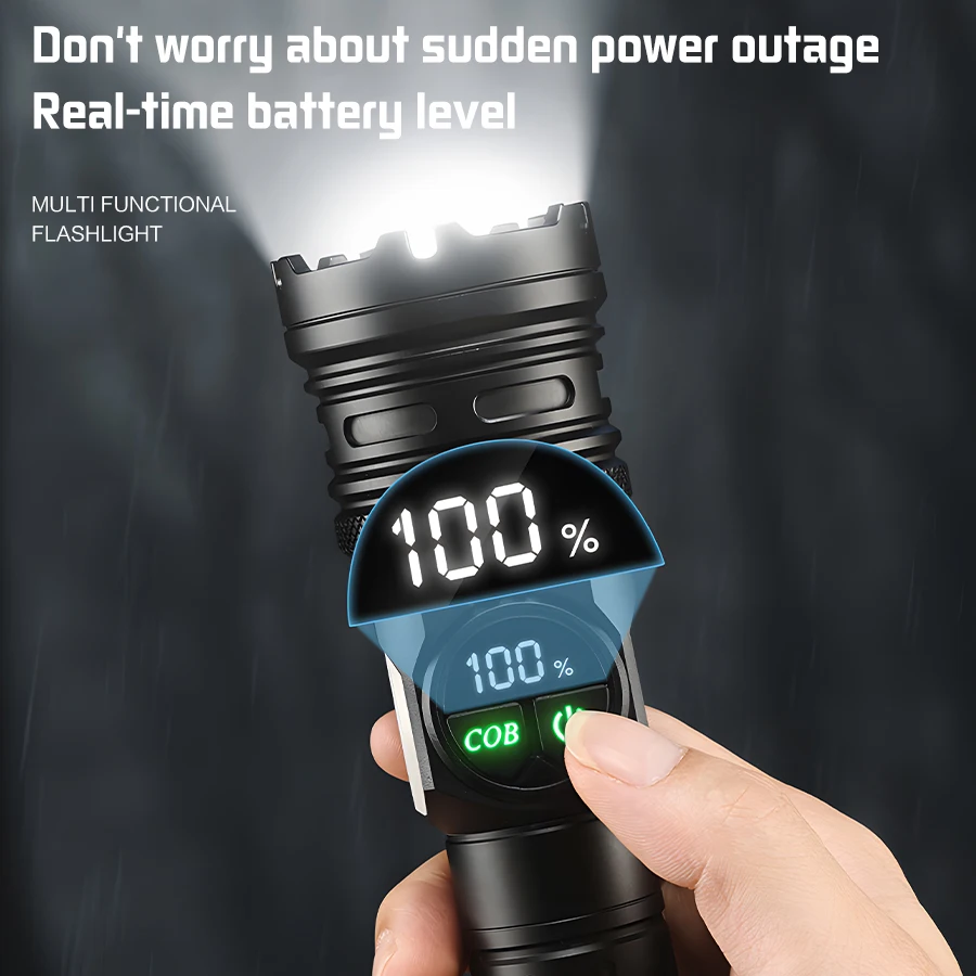 Senter LED jarak jauh, lampu senter LED jarak jauh dengan COB samping, lampu Magnet ekor kuat, pengisian tipe-c, lentera senter paduan aluminium dapat diperbesar