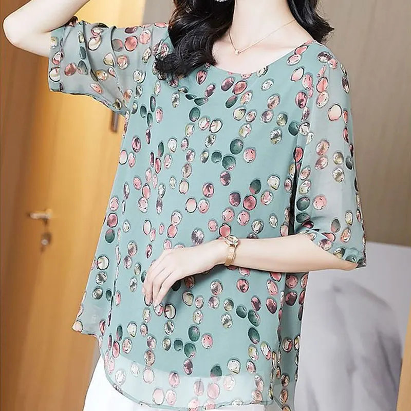 Office Lady Polka Dot Printed Chiffon Blouse Summer Stylish Elegant Round Neck Loose Female Korean Spliced Half Sleeve Shirt New