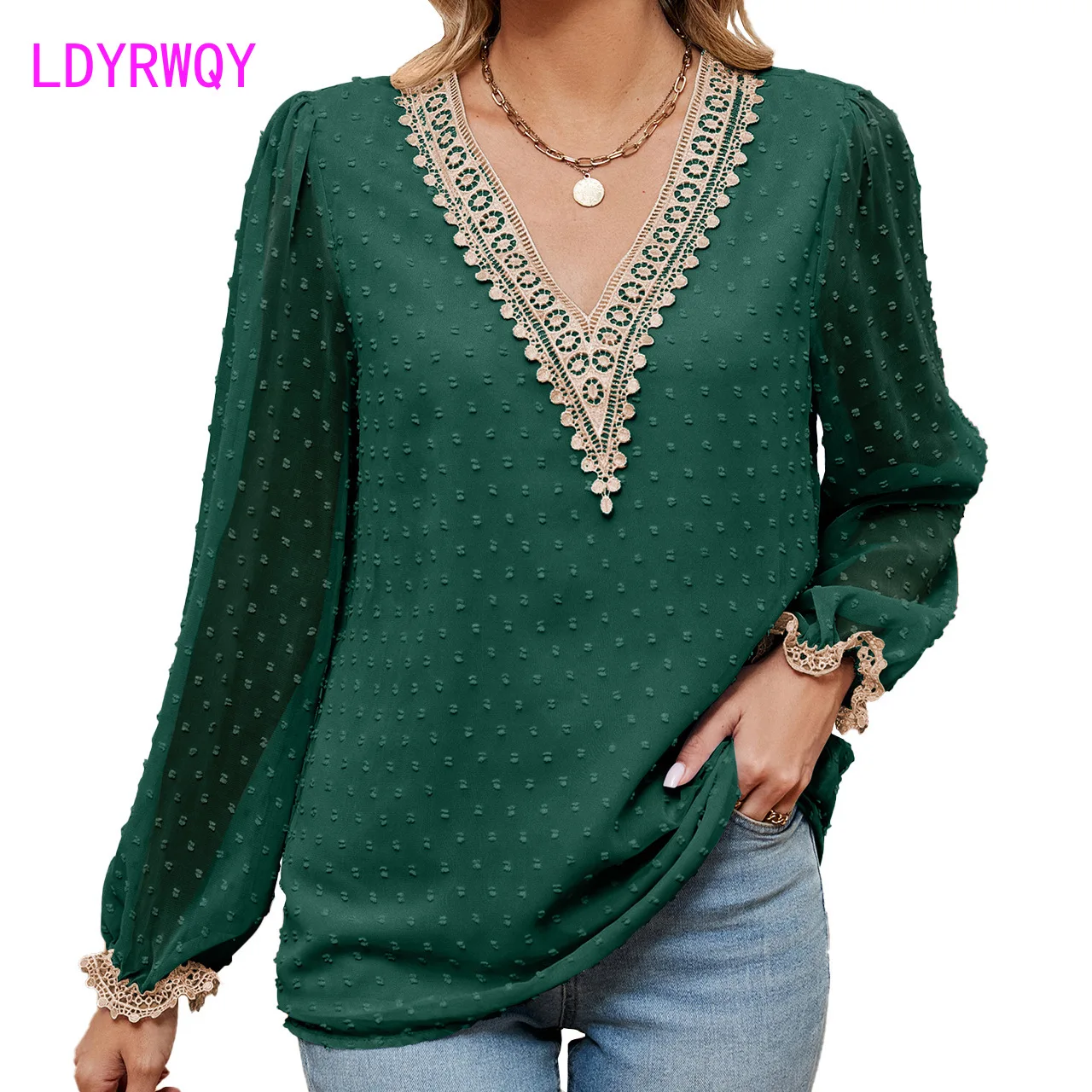 2023 Autumn/Winter New Gold Lace V-Neck Panel Lace Long Sleeve Top Women's T-shirt Chiffon shirt