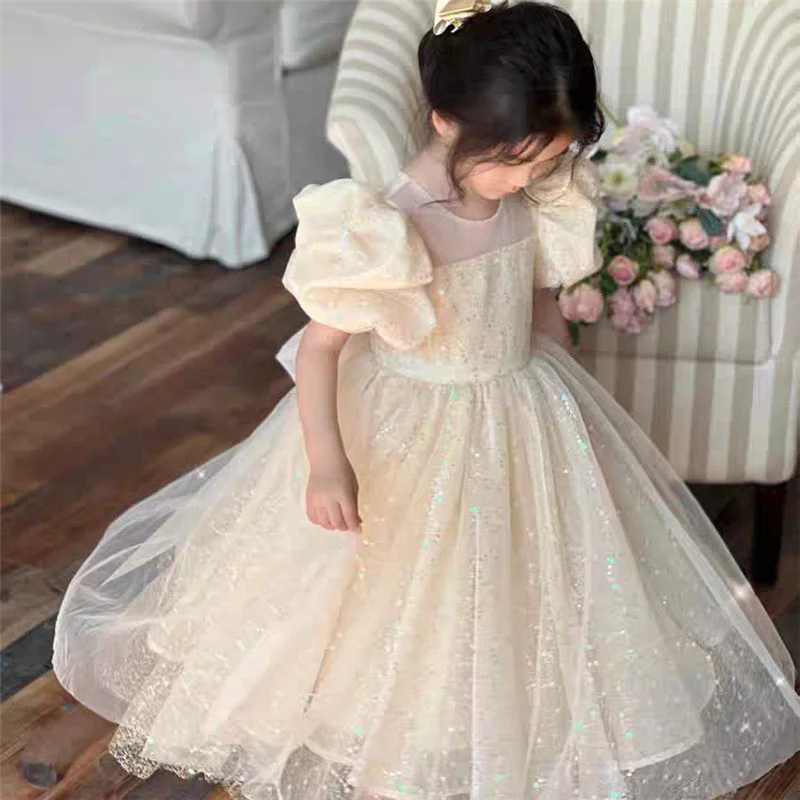 

Girls Princess Long Dress Fashion Bow Sequin Puff Sleeve Tutu High End Formal Party Gown Ball New Style Children Evening Dress