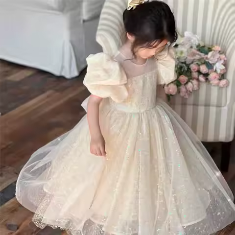 Girls Princess Long Dress Fashion Bow Sequin Puff Sleeve Tutu High End Formal Party Gown Ball New Style Children Evening Dress