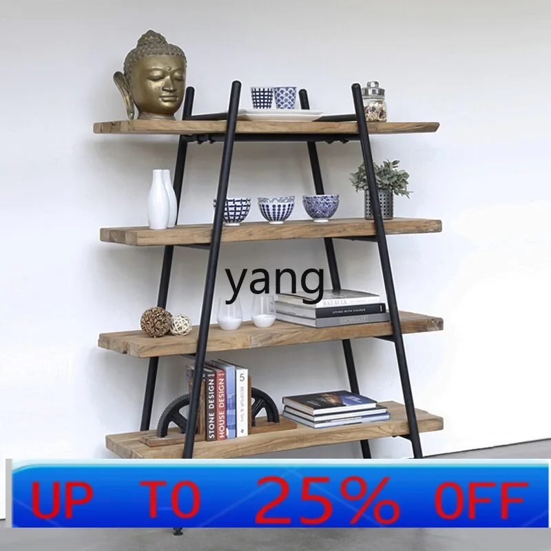 LHH log bookshelf wrought iron shelf floor to wall simple solid wood multi-layer shelf