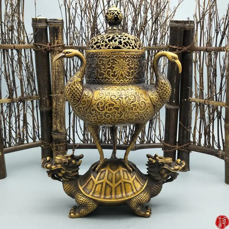 

Hot Selling Antique Brass Ornaments Antique Collection Dragon Turtle Crane Incense Burner Home Decoration Turtle Crane Longevity