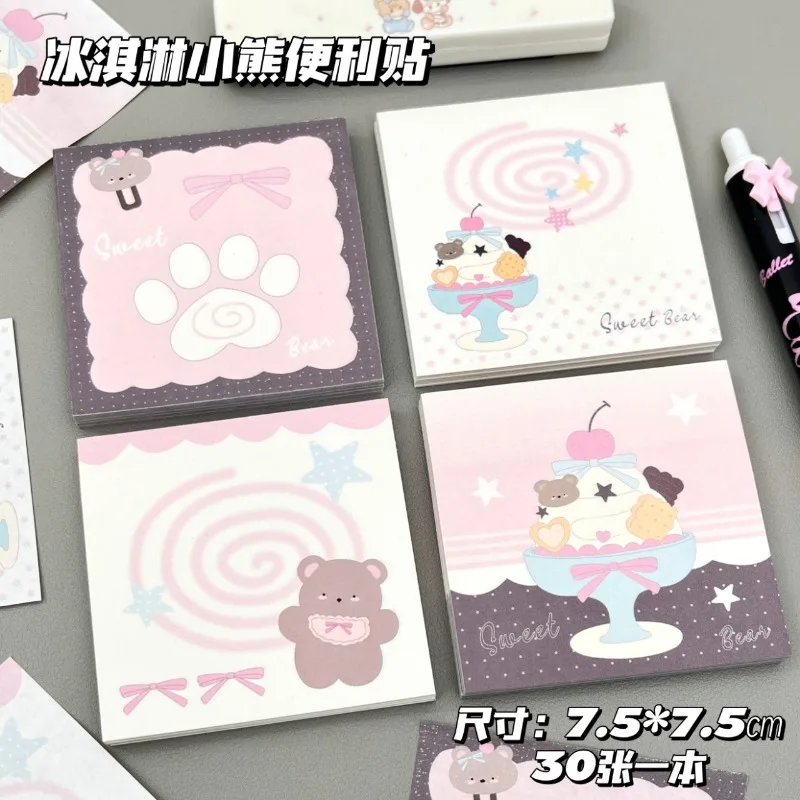Original New Ice Cream Bear Notes Ins High Value Sticky Note Stickers Office Note Stickers Notepad Cute Note Books for Girls