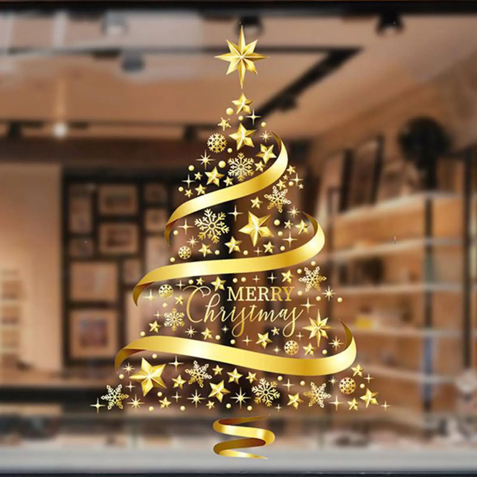 Golden Christmas Tree Window Stickers PVC Electrostatic Clings for Holiday Glass & Door Decor Reusable Decals for Living Room