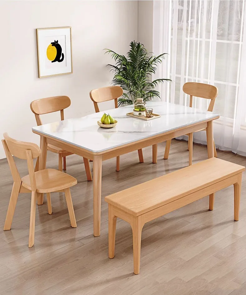 

Modern Minimalist Family Living Room Rectangular Rock Slab Solid Wood Dining Table and Chair Combination