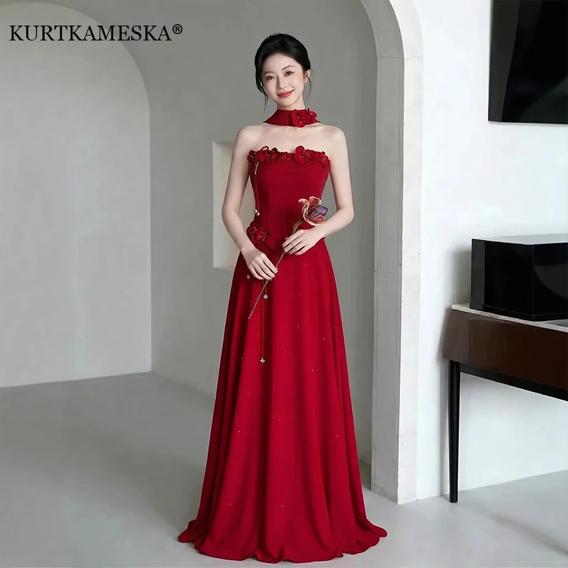 Red Strapless A-Line Evening Dress with Floral Appliques  Floor-Length Formal Wedding Guest Prom Gown Party Bridal Dresses