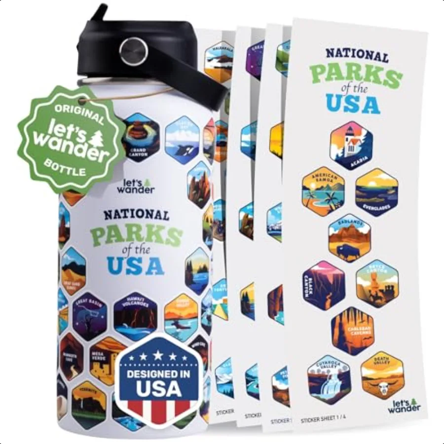

Original National Parks Water Bottle with 63 Waterproof Stickers 32oz Leakproof Insulated Stainl Steel with Straw USA Hiker Gif