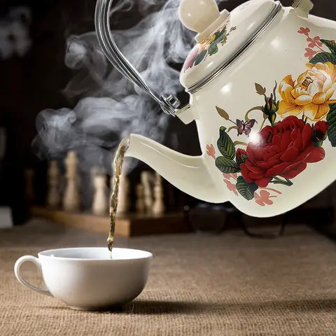 Teiera cinese in smalto vintage da 1 litro, piano cottura, teiera cinese sicura, antiruggine, resistente al calore, per tè a foglie sfuse, cucina decorativa