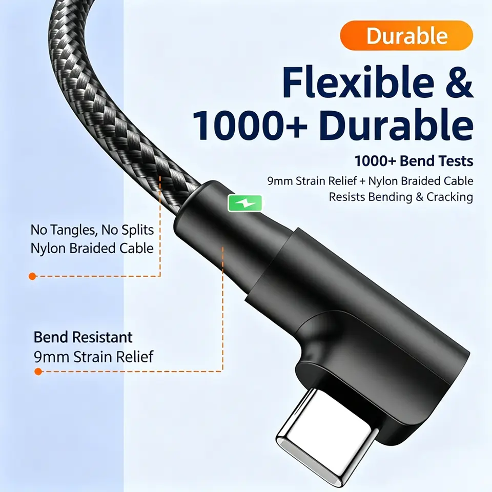 كابل شحن سريع USB C بزاوية 90 درجة لهواتف iPhone 17 و16 و15 Pro Max وSamsung وXiaomi وRedmi وPOCO وOnePlus من النايلون المضفر - 2