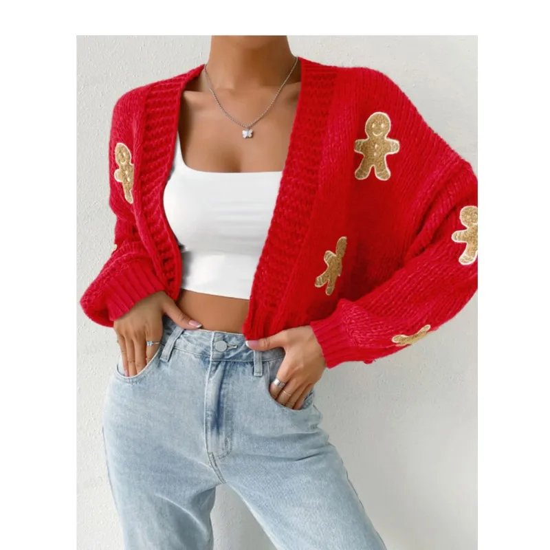 เสื้อคาร์ดิแกนถัก เสื้อผ้าฤดูหนาวสำหรับผู้หญิง สวมใส่สบาย แมทช์ได้กับทุกชุด ทรงหลวม สไตล์เรียบง่าย ลายมนุษย์ขนมปังขิง ลำลอง เหมาะสำหรับใส่ไปทำงาน