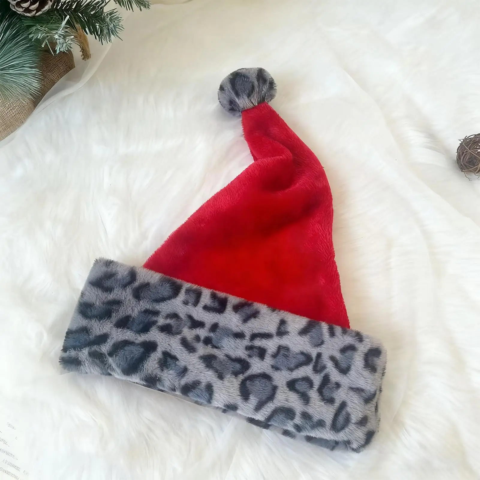 

Рождественская шляпа Санта-Клауса, двухслойный головной убор, плюшевая шляпа Санта-Клауса с леопардовым принтом для фотографии, парад, косплей, вечеринка, Новый год, семья