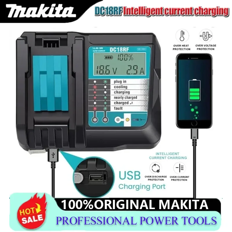 

Зарядное устройство Makita DC18RF для литий-ионных аккумуляторов, ток зарядки 3.5А, 14.4В/18В, для BL1830, BL1430, DC18RC, DC18RA, для электроинструментов, с USB