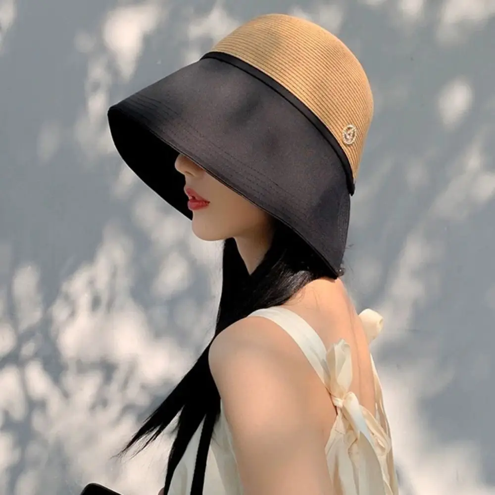 

Breathable Shade Sun Caps Foldable Bucket Hat Weave Stripe Straw Hat Sunscreen Wide Brim Beach Fisherman Hat Women