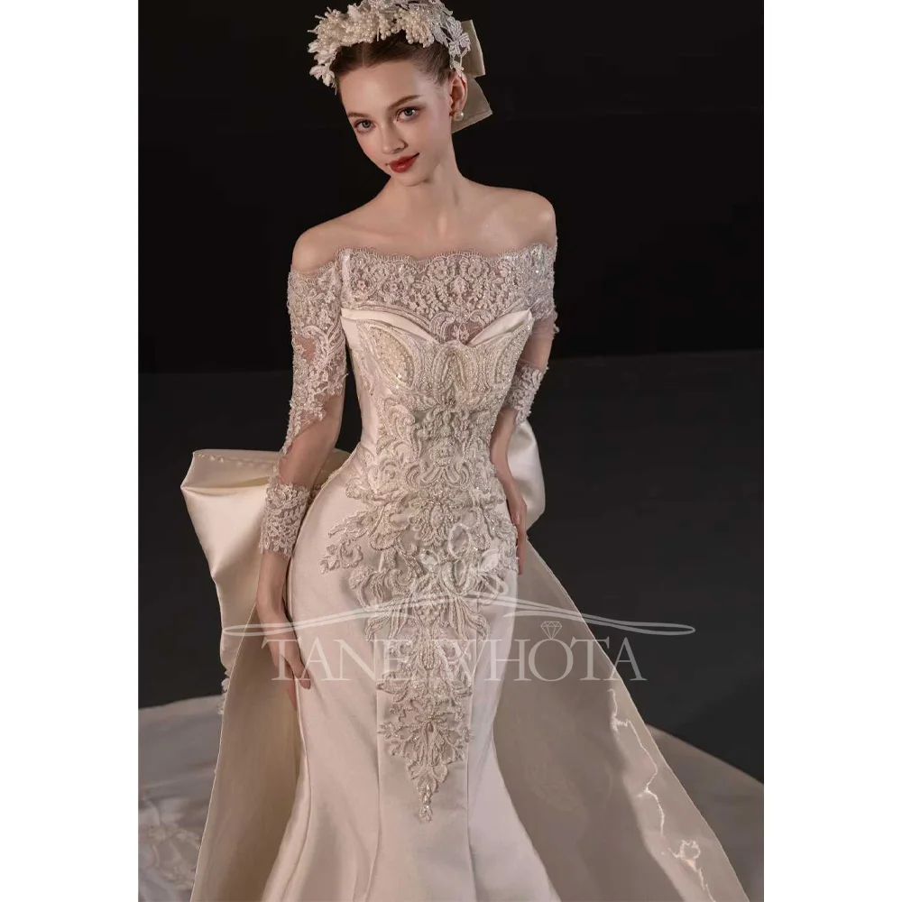 Vestido de novia de lujo, chaqueta desmontable personalizable con escote en forma de corazón, vestido de novia con lazo y vaina de cristal bordado, Trouwjurk