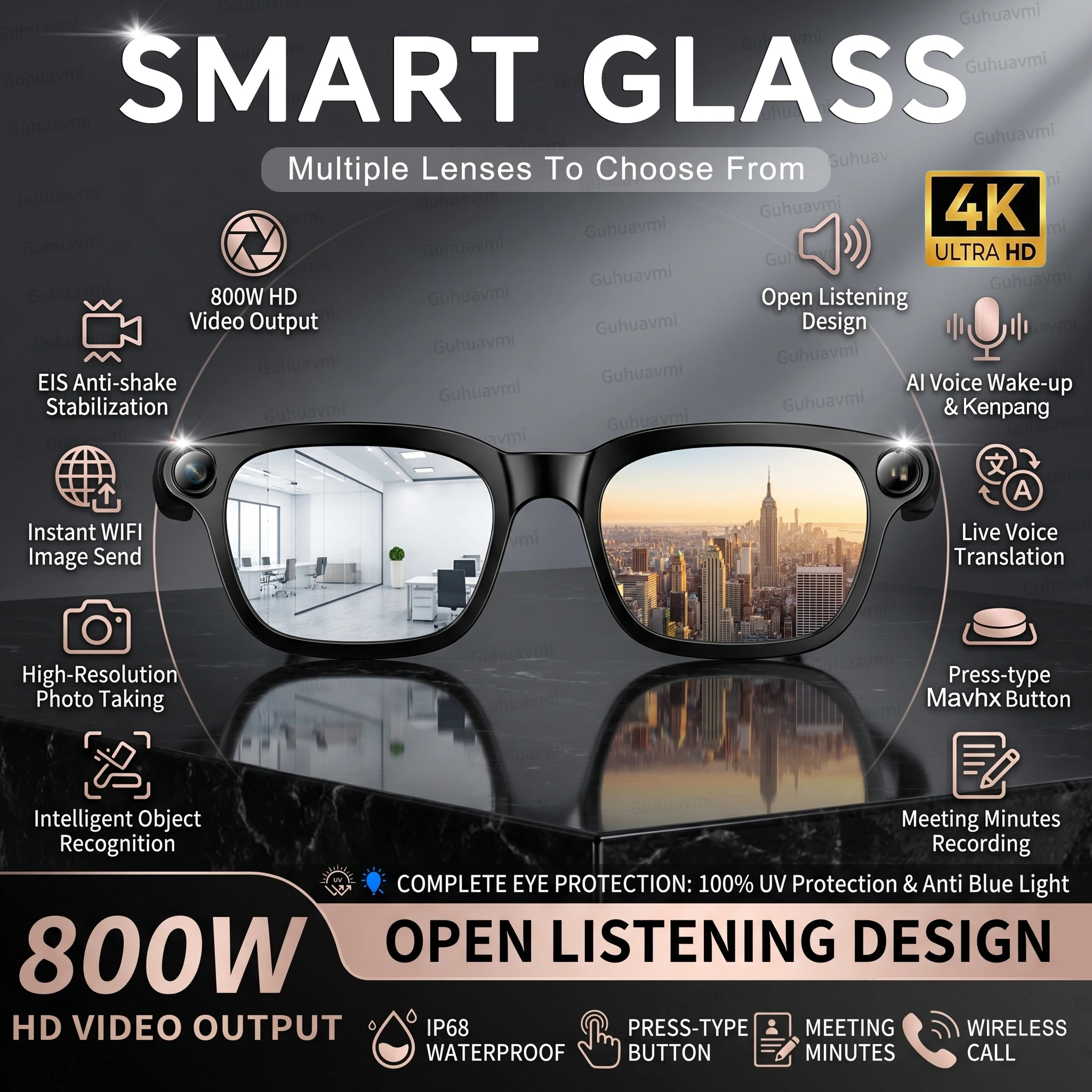 New Smart AI Glasses with 800W 4K HD Camera Wireless Audio Sunglasses with Dual Mic ENC Noise Cancel Waterproof Sport Sunglasses