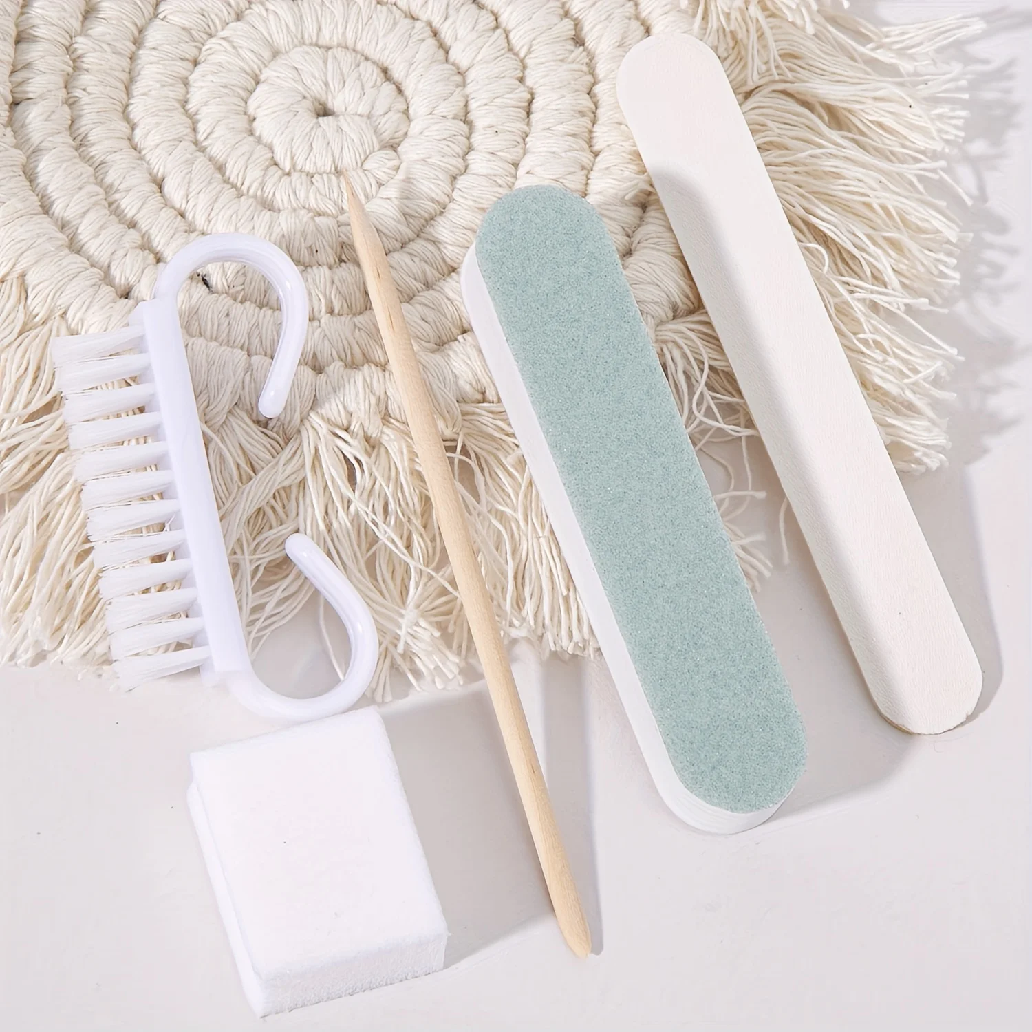 Manicure Pedicure Set, Mini Nail File & Stick Kit, Dual-Sided Wood Pusher, Cleaning Tools, Nail Brush Included