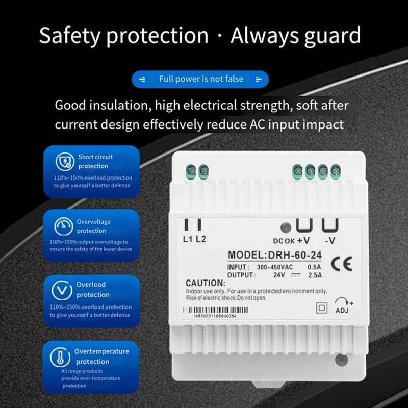 Interruptor de alimentação de comutação para eletrodomésticos, DRH-60-24, 60W, saída única, 24V, trilho industrial do ruído