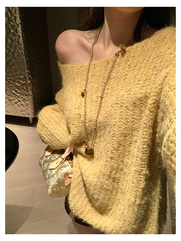 

Korean Style Soft Chic Unique Yellow Shoulder Slant Knitted Sweater Women's Fashion Comfortable Loose Fit Daily Wear