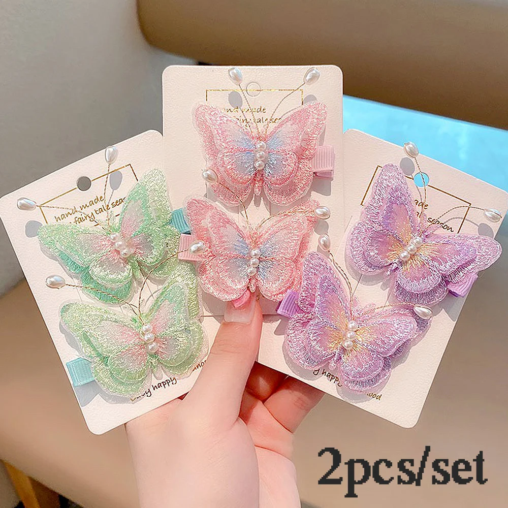 2Pcs/Set 3D Fairy Embroidered Butterfly Hair Clips Kids Double Layers Tulle Pearl Bangs Hairpin Girl Exquisite Princess Headwear