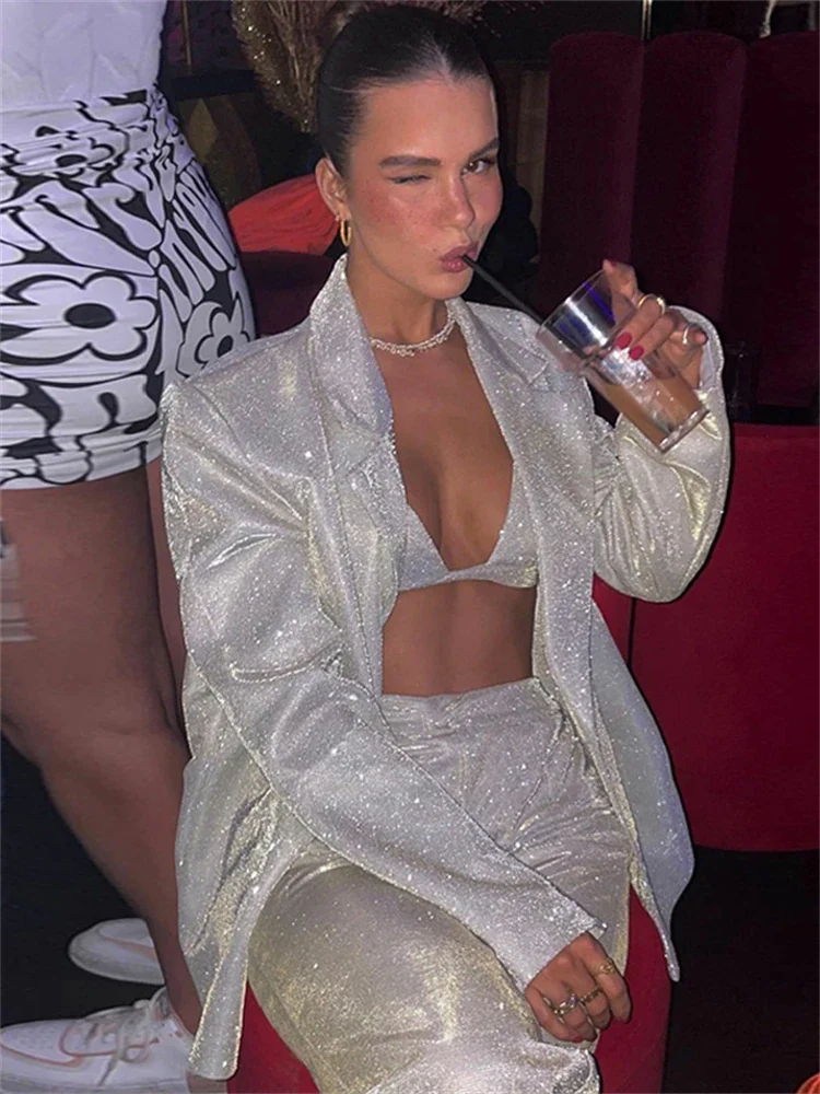 Glitter Silver Party Two Piece Pants Set Women Club Night Outfits Fashion Sparkly Blazer Matching Sets Femme Tracksuit