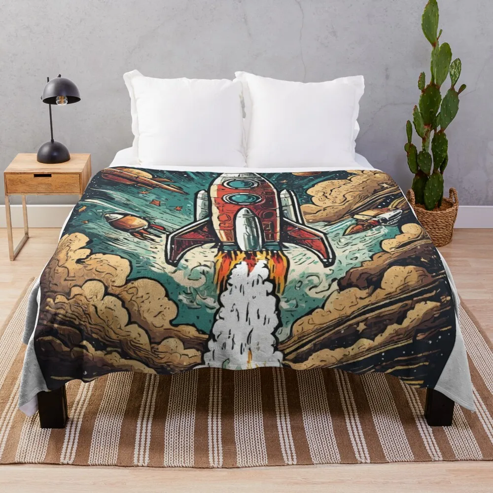 

Galactic Dreams: Vintage Rocket Adventures Throw Blanket Single Sofas Camping Luxury Thicken Blankets