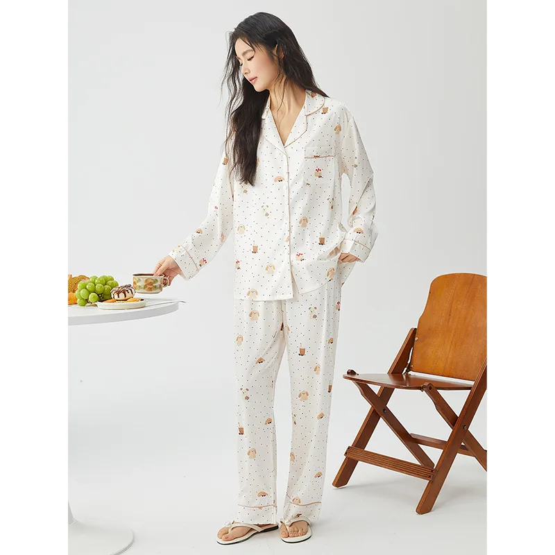 

Spring Ice Silk Pajamas Women's Ice Silk Shirt Set Fashionable Luxury Lightweight Home Clothes Can Be Worn Externally