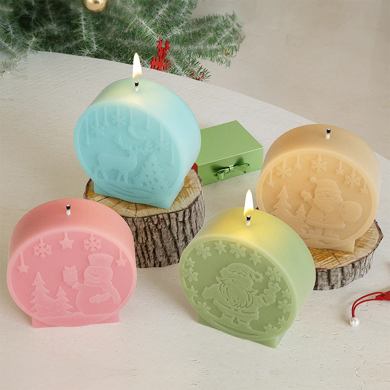 Round Christmas Candle Silicone Mold Santa Claus Snowmen Xmas Tree Plaster Epoxy Resin Soap Making Mold New Year Gift