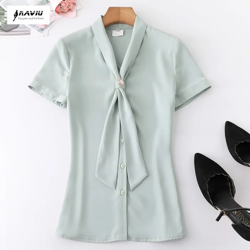 NAVIU Light Green White Korean Elegant Office Lady Shirt Summer Women Temperament Long Sleeve Loose Blouse Tops Blusas Mujer