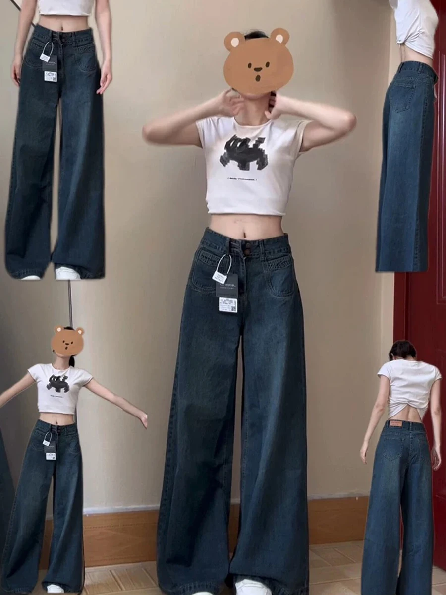 

Джинсы прямого кроя с высокой талией больших размеров для женщин, весна-осень, свободные широкие брюки в пол для фигуры «груша», повседневные...