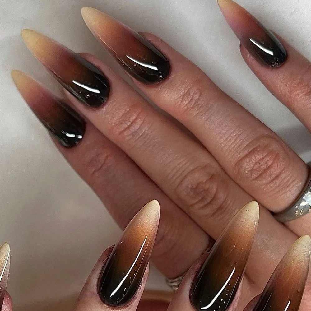 

24pcs Black-Brown Gradient Press-On Nails with Amber Effect, Vintage & Premium Style, Long Almond Shape, Assorted Sizes