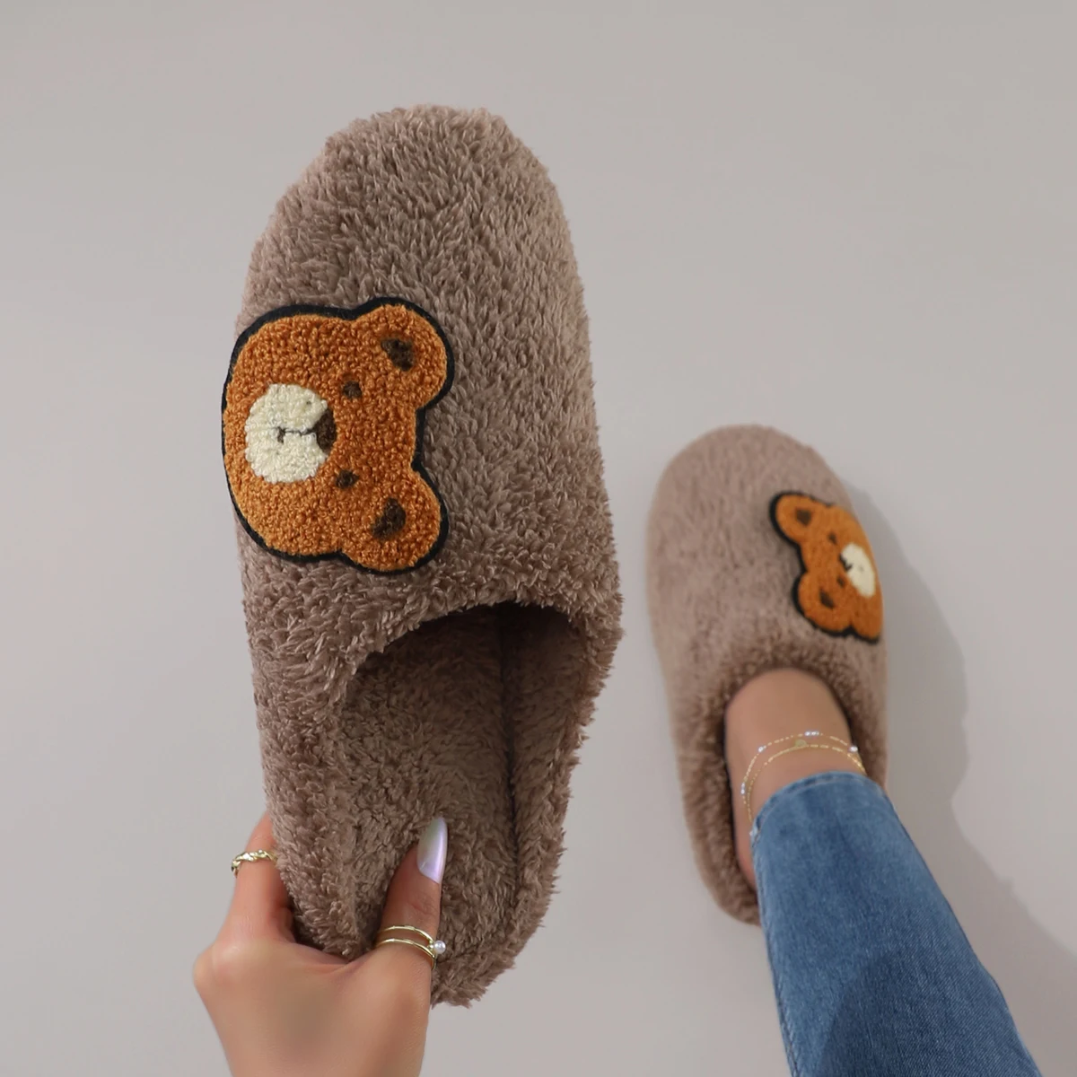 Cute Cartoon Embroidered Bear Plush Silent Soft-Soled Women's Home Slippers Floor Socks view 6