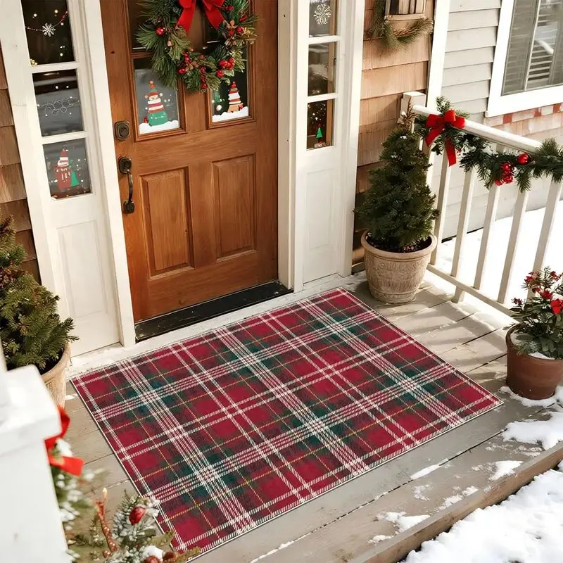 VIKAMA Christmas Plaid Crystal Velvet Door Mat for Entryway Floor Anti Slip Cozy Aesthetic Soft Durable Home Decor