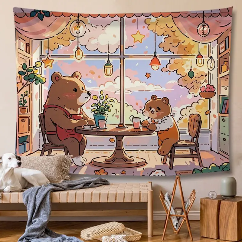 VIKAMA Warm Tone Japanese Cat Tapestry, Sunshine Bedroom Cute Pet Wall Hanging for Bedroom Living Room Dorm Decor