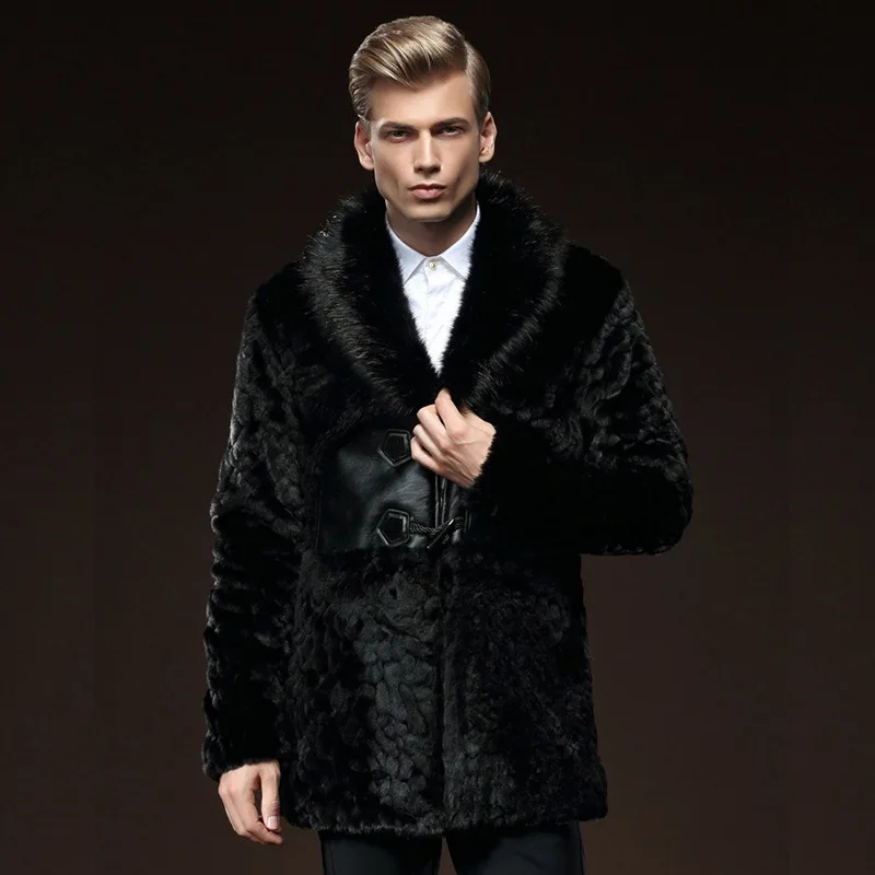 Winter Fur Collar Faux Fur Coat Men Long Sleeve Thick Warm Slim Windbreaker Casual Jacket Plus Size Luxury Brand Mid-length Coat