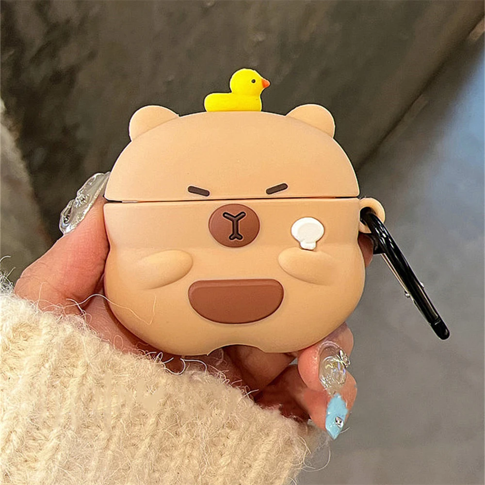 Kawaii Cute Cartoon 3D Capybara Duck Miękka silikonowa osłona ochronna do słuchawek Airpods 1 2 3 Pro 2 z brelokiem do ładowania słuchawek