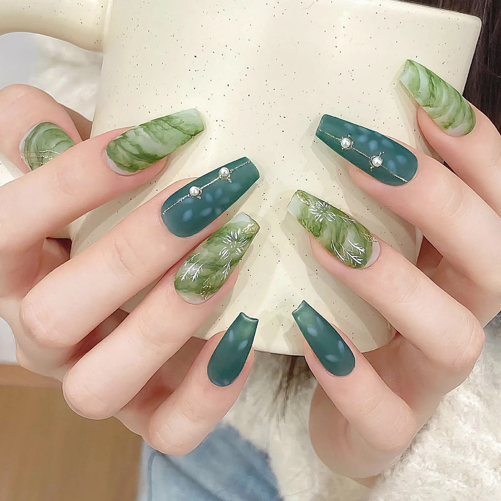 10Pcs Green Blue Fake Nails Handmade Medium Coffin Press On Nails Pearl Designs Full Cover Glossy False Nail Tip For Girls Women