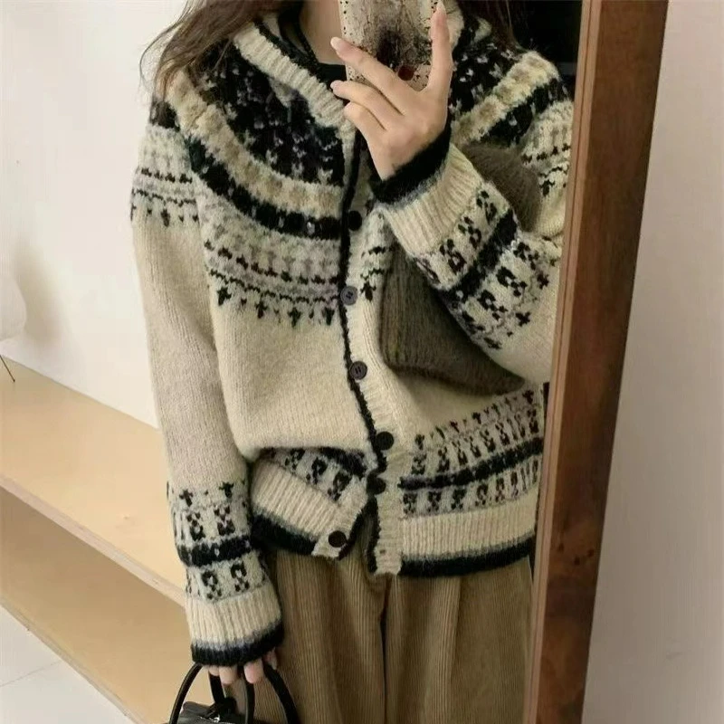 

Женский жаккардовый свитер с капюшоном в японском стиле ретро, осень-зима, однобортный вязаный кардиган с непринужденной спинкой