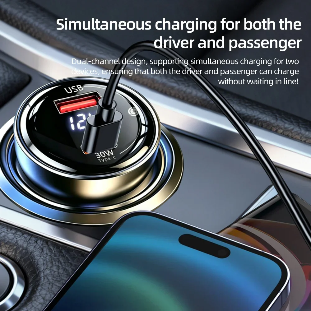 Digital Car Charger 60W PD+QC3.0 Dual Ports Type C USB Fast Charging Adapter with Voltmeter & On/off Switch & RGB Ambient Light view 3