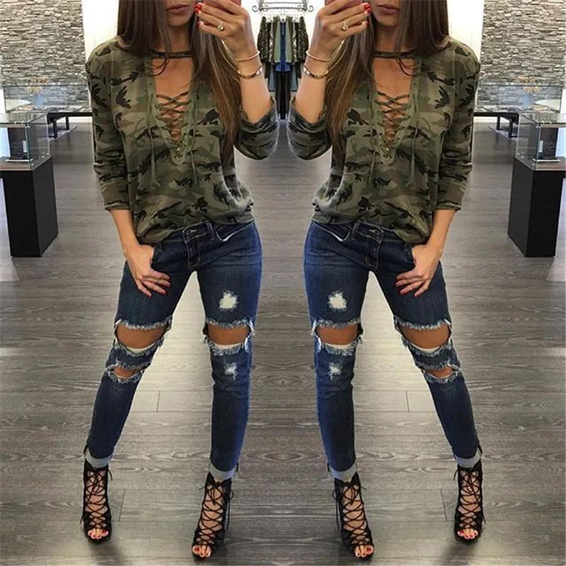 

Женская футболка со шнуровкой и камуфляжным принтом, уличная футболка с v-образным вырезом ort Sve, прямая футболка стандартного кроя