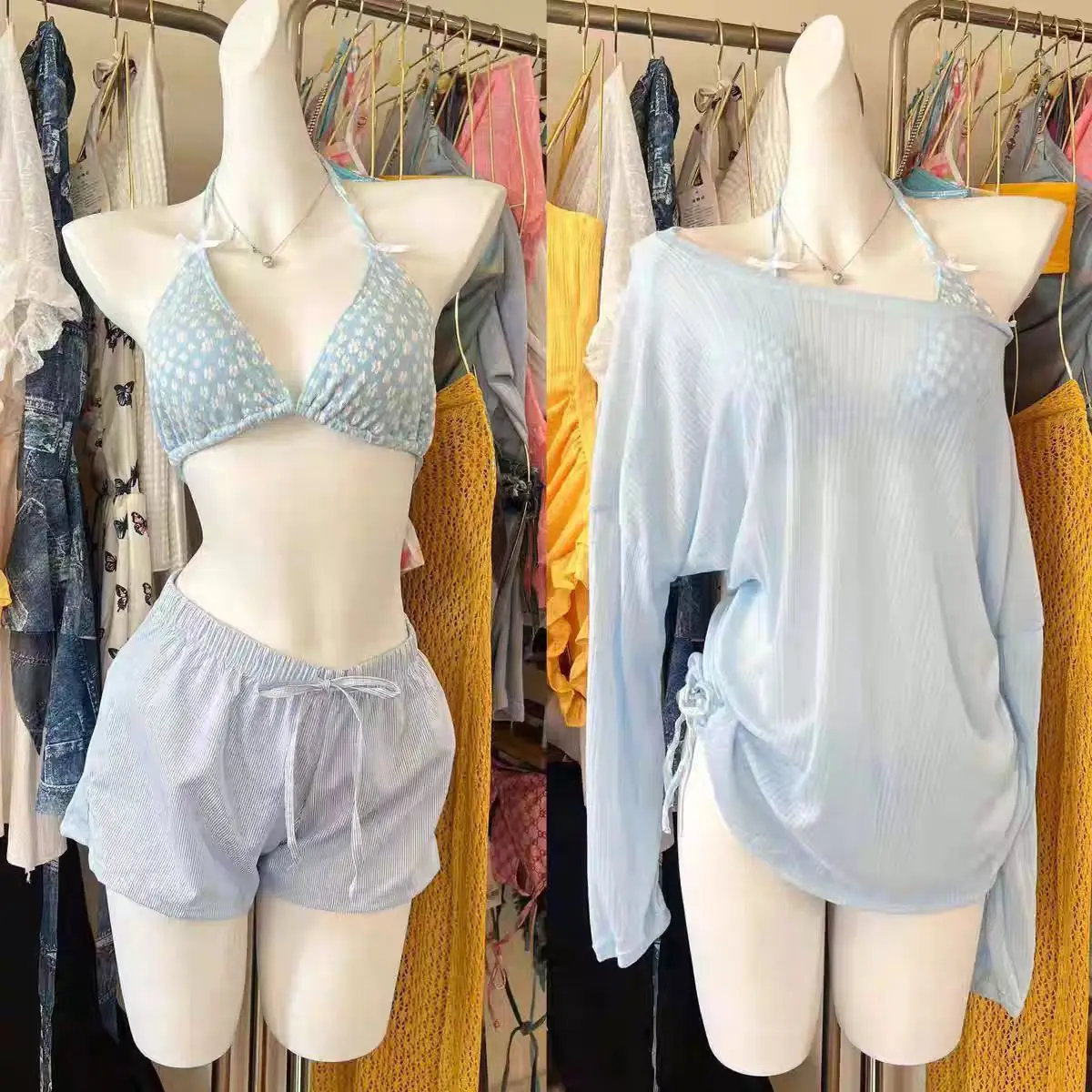 

Sexy Asymmetric Halter Bikini Set Two Piece Swimsuit High Waisted Push Up Tummy Control Bohemian Holiday Print