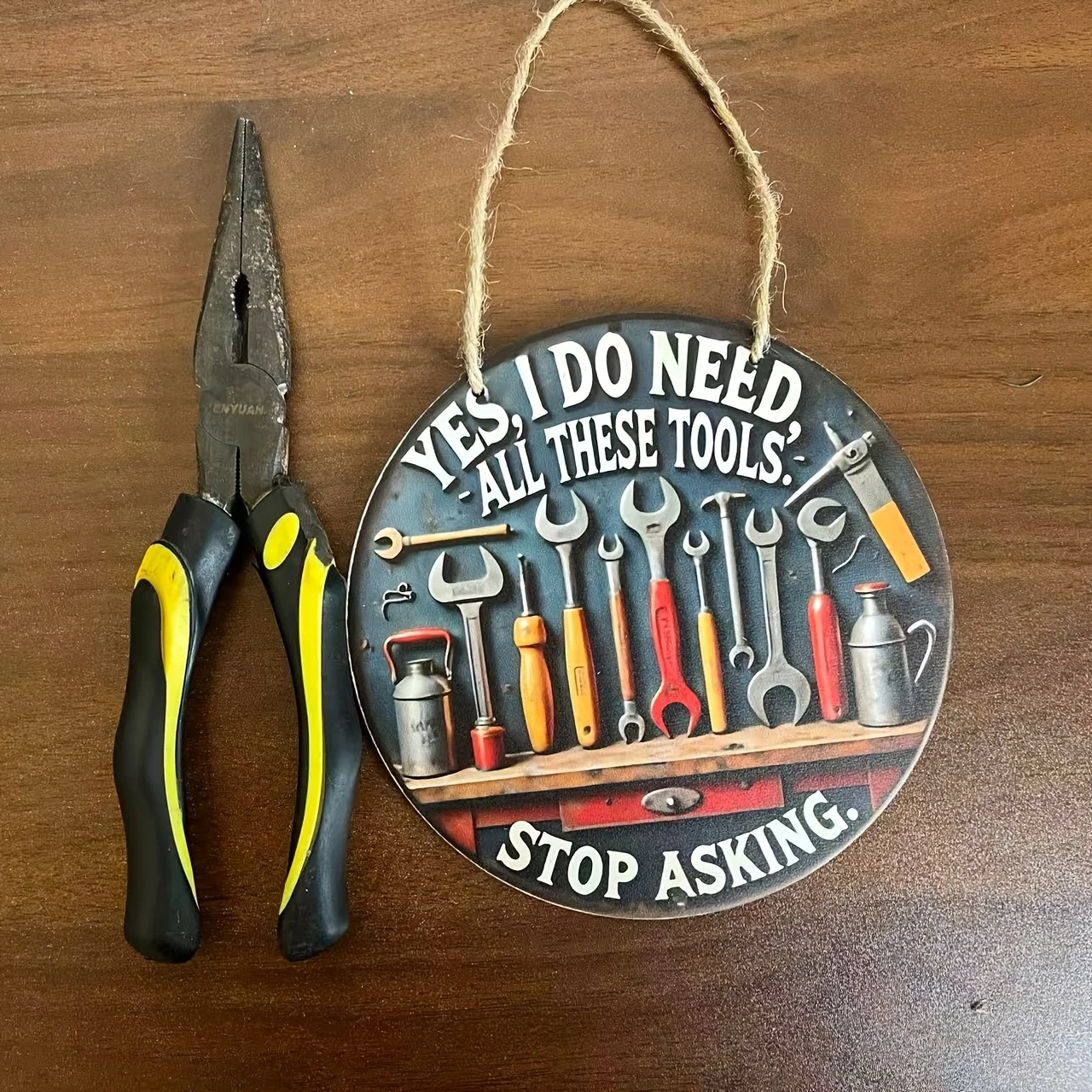2D Retro Wooden Tool Sign with Wrench Screwdriver Pliers for Enthusiasts Craft Couples Garage Studio Wall Art Decor