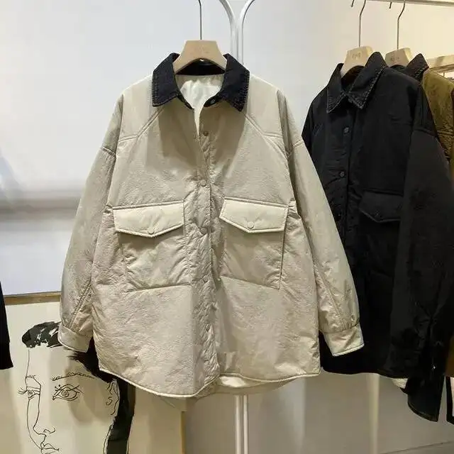 ملابس خارجية شتوية فضفاضة بأكمام طويلة وياقة مقلوبة ملابس نسائية وصلت حديثًا سترة قطنية مريحة بنمط كسول مقاس كبير #1