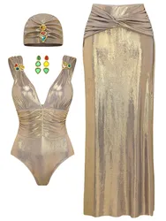 Retro Bikini Printed Fashion One Piece Swimsuit And Cover Up With Skirt Tight Women's Bandage Summer Beach Luxury Elegant